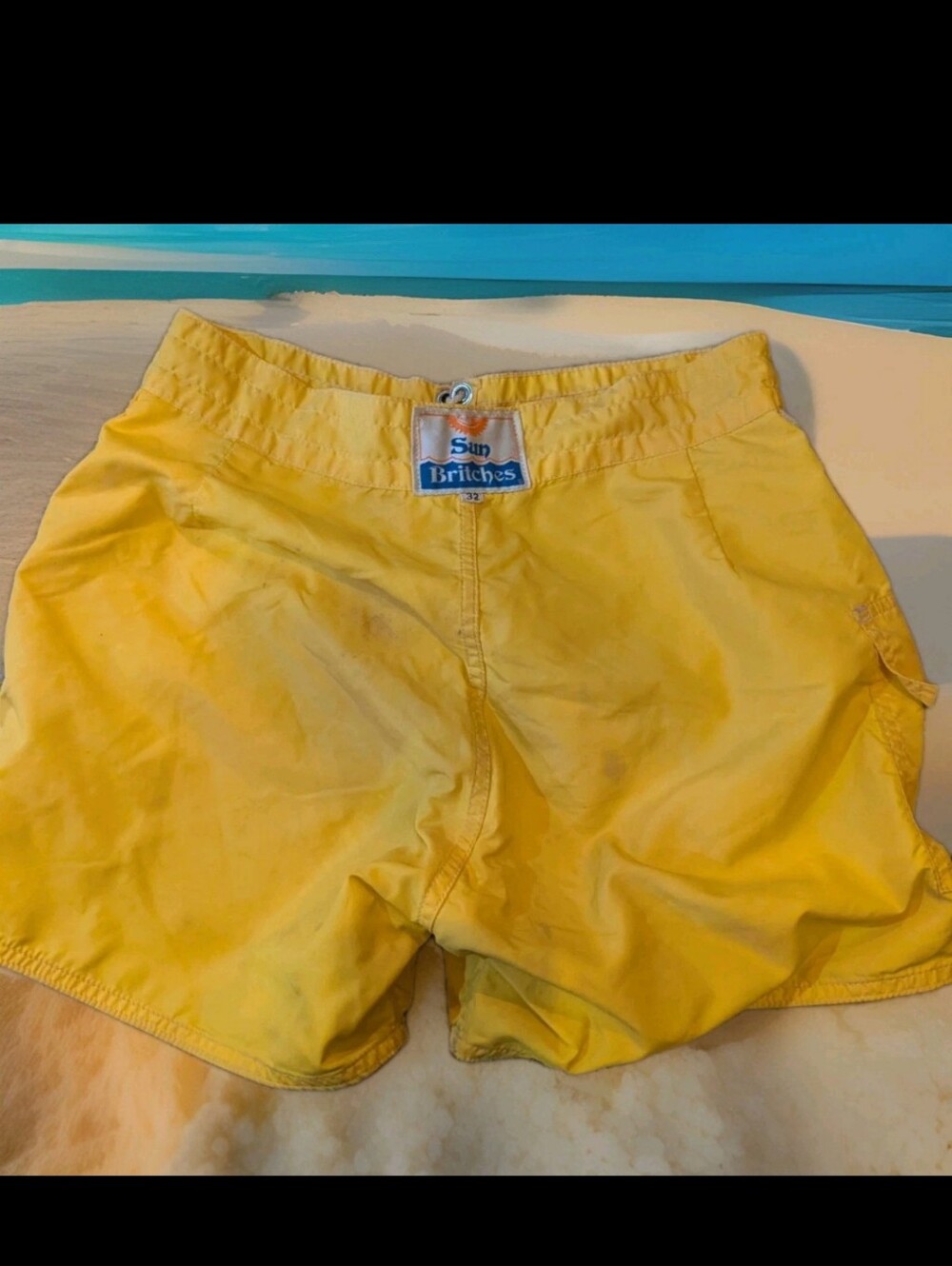 Vintage Sun Britches Shorts Mens 32 Yellow Board Swim Trunks 80s Beach Lace Up